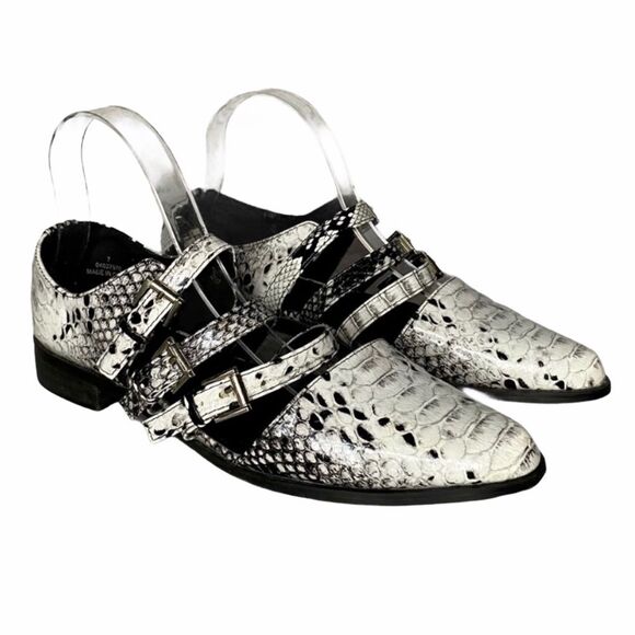 Asos Snakeskin Point Toe 3 Buckle Strap Flats Size 7 - Picture 1 of 7